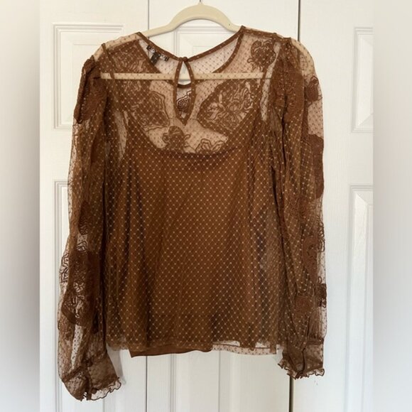 Express Lace Long Sleeve Crew Neck Top, Size XL, Brown - Picture 2 of 4